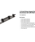 1/4 inch drive impact extension and accessory set with rail, featuring 5 pieces on a gray rail, item #SIA9101, with extensions and holder clips.