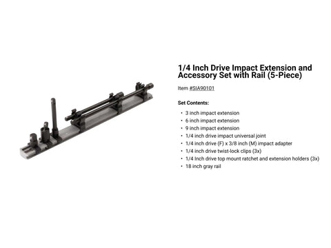 1/4 inch drive impact extension and accessory set with rail, featuring 5 pieces on a gray rail, item #SIA9101, with extensions and holder clips.