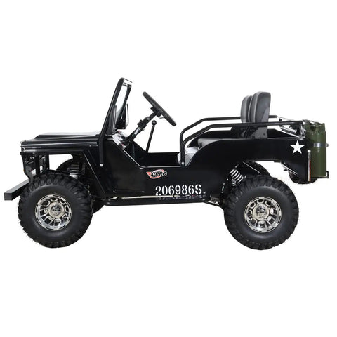 Side view of a youth-friendly 125cc Go Kart with 3-speed semi-automatic transmission and reverse, featuring 18-inch aluminum black wheels.
