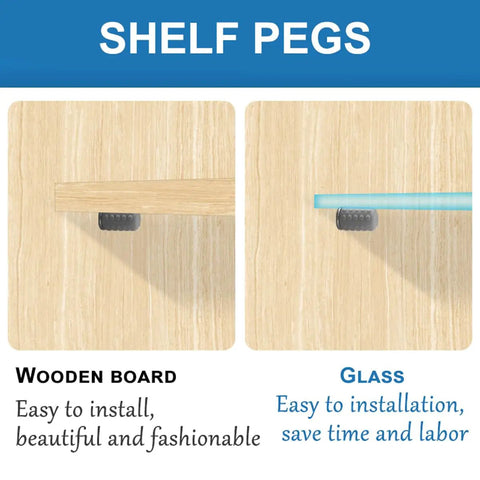 Image showing Heavy Duty 30 Pack Locking Cabinet Shelf Pins on wooden and glass, demonstrating secure fitting for 6mm holes.