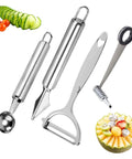 Front view of four-piece stainless steel kitchen tool set: spiral and V-shaped slicers, crinkle cutter knife, and vegetable peeler.