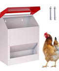 Heavy Duty Galvanized Wall Mount Chicken Feeder with red lid and chicken, 12.6x7.1x16.5 in, hangs securely in backyard.
