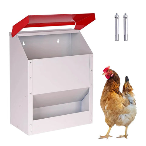 Heavy Duty Galvanized Wall Mount Chicken Feeder with red lid and chicken, 12.6x7.1x16.5 in, hangs securely in backyard.