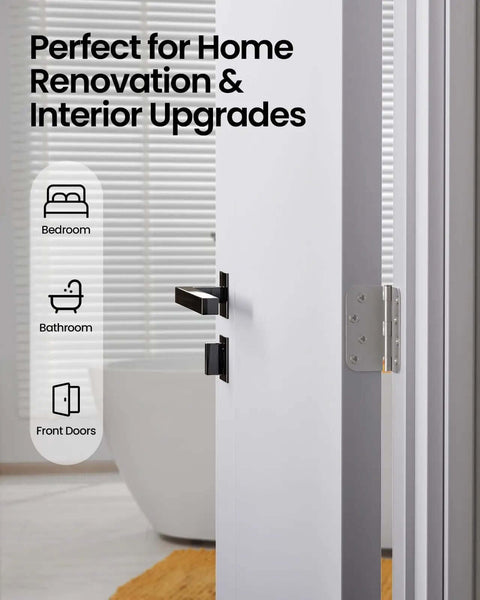 4 Inch Door Hinges 3 Pack Brushed Nickel Satin Finish Five Eighth Inch Radius Corners Heavy Duty 4x4 Interior Hinges shown installed