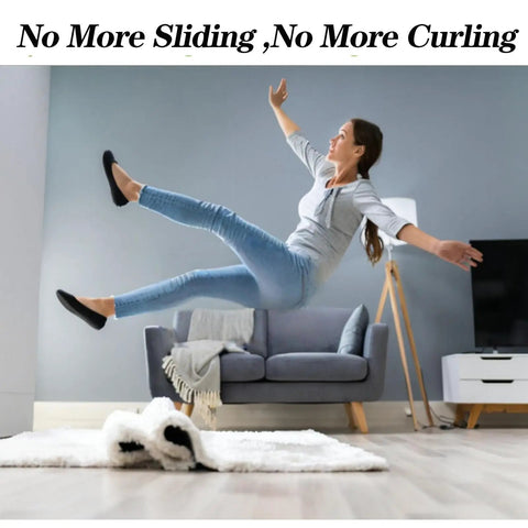 Woman slipping on rug illustrating need for 24 Pack Rug Gripper Pads And Double Sided Carpet Tape For Area Rugs on hardwood floors.