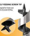 Close-up of a self-feeding screw tip on a Half Inch By Twelve Inch Auger Drill Bit With Three Eighths Inch Hex Shank For Wood And Drywall