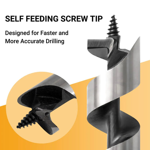Close-up of a self-feeding screw tip on a Half Inch By Twelve Inch Auger Drill Bit With Three Eighths Inch Hex Shank For Wood And Drywall