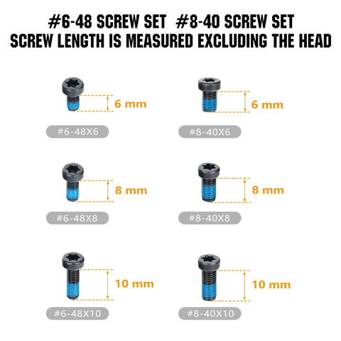 Top Shelf T15 Torx Screw Kit For Mounting Plates Includes 6 48 And 8 40 Fasteners In 6mm 8mm And 10mm Lengths showing detailed screw sizes.