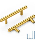 Brushed Stainless Steel Cabinet Handles With 3 Inch Center To Center Hole Spacing, shown with screws, set of 10, brass finish