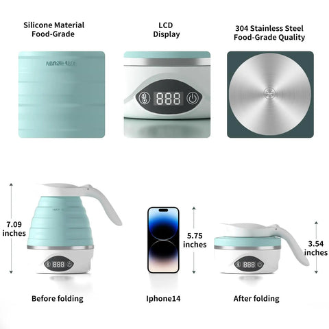 Collapsible Travel Electric Kettle Portable Foldable Water Boiler For Tea And Coffee Dual Voltage 110V 220V 850W BPA Free Silicone Blue