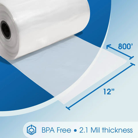 12 Inch Wide By 800 Feet Clear Polyethylene Tubing Roll 2.1 Mil Thick Heavy Duty Plastic Wrap For Shipping on a blue background.