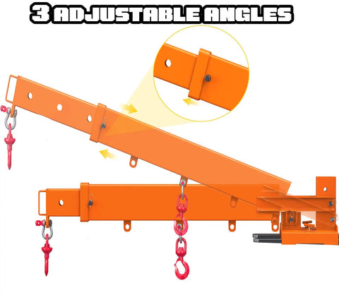 Detailed view of the Built Tough Fork Mounted Jib Crane Boom Lift with three adjustable angles and dual swivel hooks.