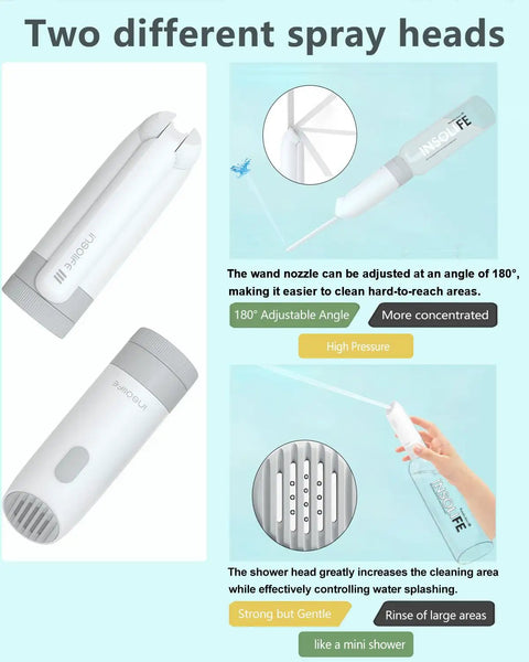 Portable Bidet For Travel And Daily Use with two spray heads, showing wand nozzle and shower head, 350ml tank, IPX7 waterproof.