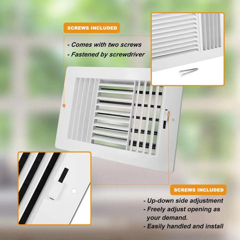 Three Way Plastic Ceiling And Wall Air Vent With Manual Adjuster for Home Office Bathroom and Toilet Duct Opening 10 By 6 Inches Adjustable Ceiling Register Vent Cover For Ductwork displayed with highlighted features and screws included.