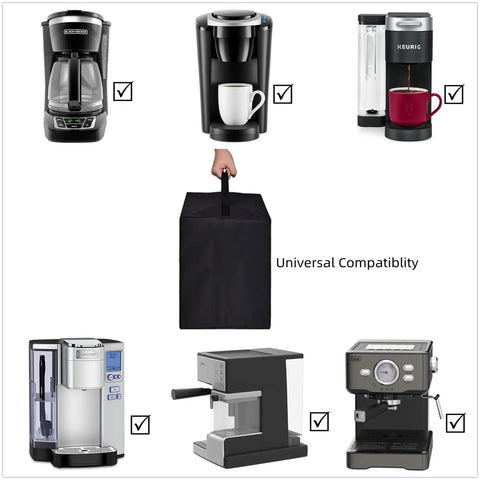 Dustproof Coffee Maker Cover For Everyday Kitchen Use Fits Keurig K-Supreme K-Compact Gevi GECME403LA-U Mr. Coffee EM5000 And More Classic Black Keeps Dust Out And Your Gear Looking Fresh displayed with various compatible coffee makers.