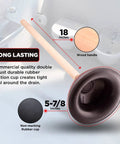 Heavy Duty Toilet Plunger With 18 Inch Wooden Handle Ultra Strong Suction Cup Rubber For Quick Clog Fixes Of Toilets And Drains Commercial Grade Bathroom Tool Durable Easy To Clean And Reuse displayed in bathroom