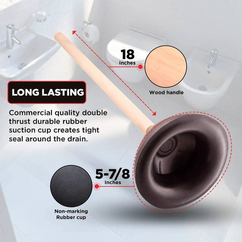 Heavy Duty Toilet Plunger With 18 Inch Wooden Handle Ultra Strong Suction Cup Rubber For Quick Clog Fixes Of Toilets And Drains Commercial Grade Bathroom Tool Durable Easy To Clean And Reuse displayed in bathroom