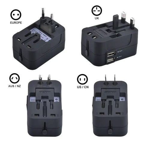 Worldwide Travel Power Adapter with Dual USB Ports All In One Universal Wall Charger showing EU, UK, AU/NZ, and US plugs