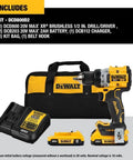 Dewalt 20V Max XR Cordless Drill Kit with two batteries, charger, and bag shown against a white background