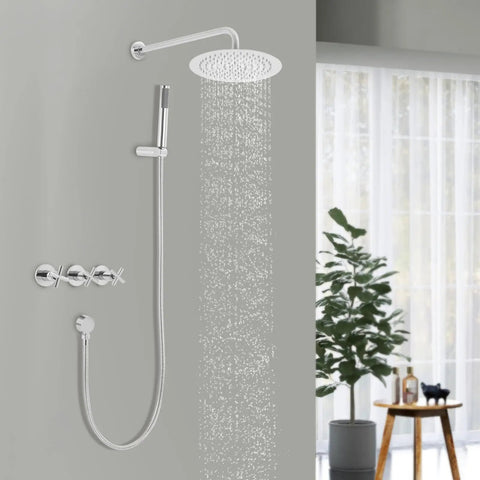 Shower System Wall Mounted 10 Inch Rainfall with Handheld Spray Combo with chrome finish, mounted on a gray wall.