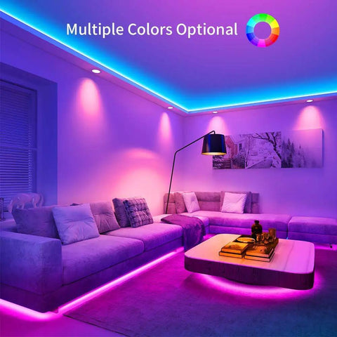 Living room lit with All In One 65.6Ft RGB LED Strip Lights Kit With UL Power Supply And IR Remote creating vibrant atmosphere
