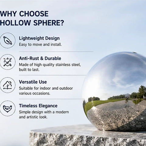 Dope Polished Hollow Stainless Steel Ball 201 Grade on stone with reflection, industrial decor, 250mm diameter, 0.6mm wall thickness.