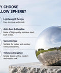 Sleek 304 Stainless Steel Hollow Sphere Ball, Polished Metal Globe showcasing lightweight design and durable finish on stone surface.