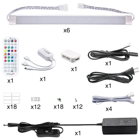 Six Pack RGB Under Cabinet Lights With Remote And App Control Dope Lighting For Kitchen And Closet Plug In Or Hardwired Linkable 24V 18W RGB Plus Warm White High CRI RA85 with accessories