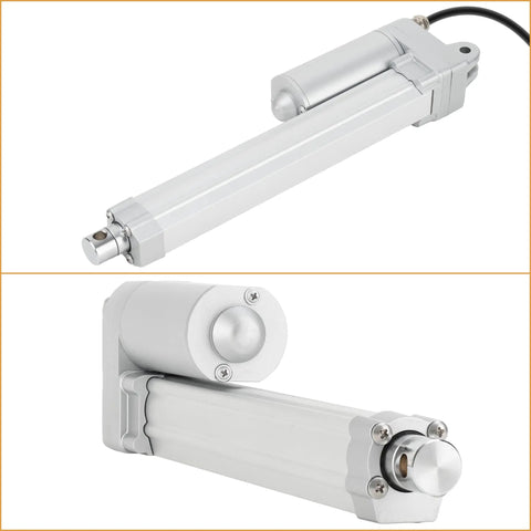 Powerful 12V Linear Actuator With 12 Inch Stroke, 617 Lbs Load, 0.2 Inches Per Second Travel, IP67 Waterproof, side and front view.