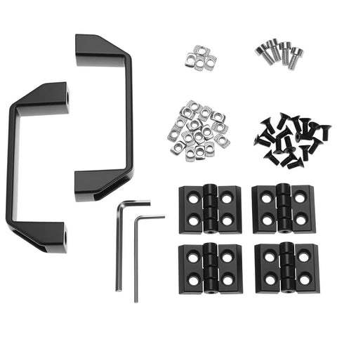 Two Pack 2020 Series Door Handle And Frame Hinges Install Kit For 2020 Aluminum Extrusion Profile 6mm Slot With 90mm Handles Includes Zinc Alloy Hinges Aluminum Handles T Nuts Screws Wrench DIY Friendly For Pro Projects showing components