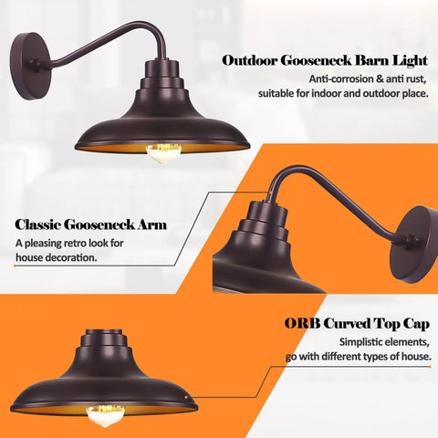 Outdoor Barn Light Fixture 2 Pack Gooseneck Wall Lanterns Oil Rubbed Bronze Farmhouse Porch Lighting with classic gooseneck arm