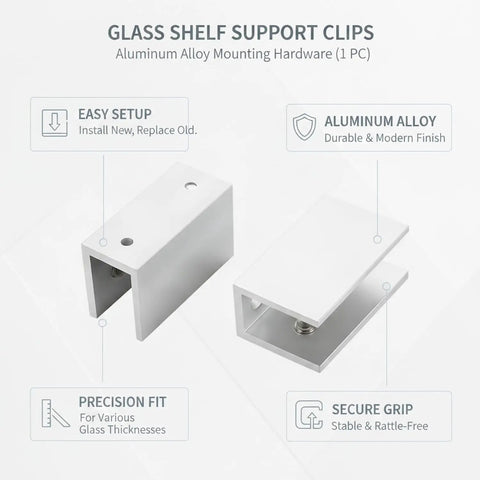 Glass Shelf Clips for Cabinets and Displays, Durable Aluminum Alloy Mounting Hardware for Glass Panels, easy install shown