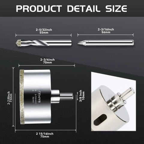 Diamond Hole Saw Kit With Center Drill Bit And Diamond Coated Center Drill Bit For Ceramic Glass Marble Granite Porcelain Fiberglass Tiles Pro Grade 73mm Cutting Diameter And 35mm Depth Heavy Duty All In One Tool with size dimensions displayed
