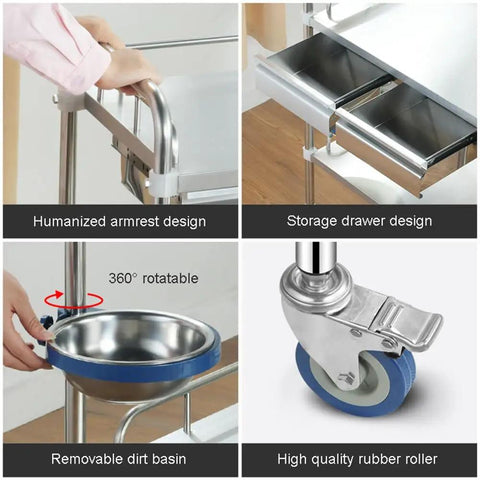 Stainless Steel Medical Trolley With Drawer, 3 Tier Lab Cart features armrest, storage, rotatable basin, and smooth rolling wheel.