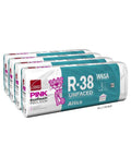 Top Shelf R-38 Unfaced Fiberglass Batt Insulation 512 Square Feet Bulk Eight Bag Pack fits standard 2x12 attic trusses in pink packaging.
