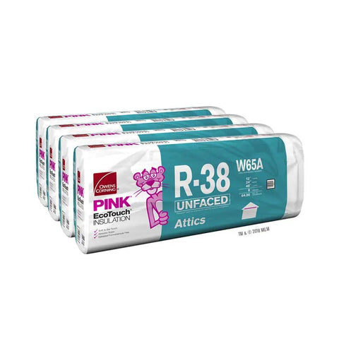 Top Shelf R-38 Unfaced Fiberglass Batt Insulation 512 Square Feet Bulk Eight Bag Pack fits standard 2x12 attic trusses in pink packaging.