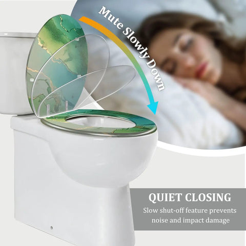 Elongated Toilet Seat Resin Bathroom in green design with slow-close feature, fits most standard toilets, 14.5" x 18.5".