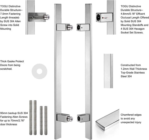 24 Inch Solid Stainless Steel Push Pull Door Handle Set With Heavy Duty Commercial Grade 304 Standoffs Ideal For Barn Doors And Glass Panels Mirror Polished Chrome Finish Durable Mounting And Weather Resistant Build, 304 stainless standoff detail