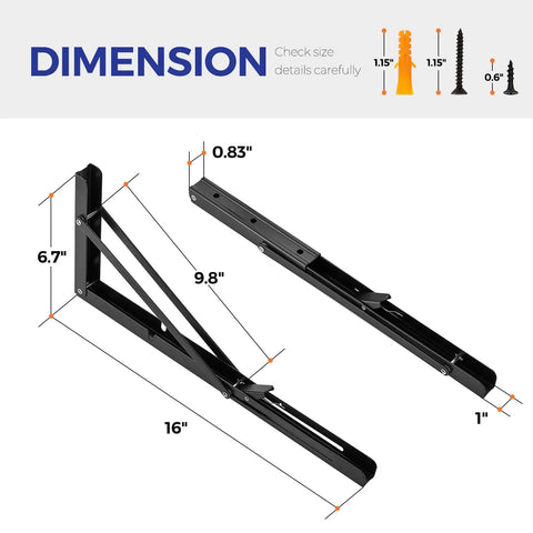 Dimensions of Black 16 Inch Folding Shelf Brackets 2 Pack Heavy Duty Stainless Steel Wall Mount Brackets Foldable Table Hinge