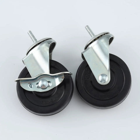 Heavy Duty 3 Inch Stem Caster Wheels For Wire Shelving, Industrial Rack Rollers With 1/4 20 Thread And Multi Adapters, Smooth Operator Replacement Set Of 4, Drop Dead Durable Black close-up view of swivel caster wheel with metal bracket