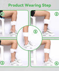 Product wearing steps for Left Ankle Foot Orthosis AFO Splint For Foot Drop Support And Gait Improvement, 5-step guide with brace placed over white sneakers.