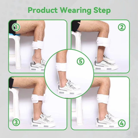 Product wearing steps for Left Ankle Foot Orthosis AFO Splint For Foot Drop Support And Gait Improvement, 5-step guide with brace placed over white sneakers.