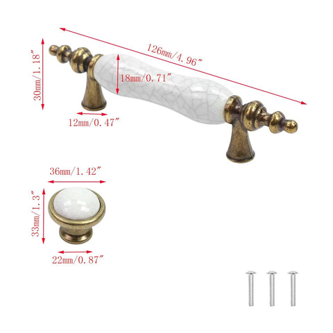 Slick Vintage Style Antique Bronze And White Crackled Ceramic Cabinet Pull And Knob Set Of Eight Pieces, 4.96-inch pull and round knob.