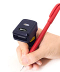 Person wearing a Ring Style 2D Barcode Scanner For All Day Wear Hands Free Portable Bluetooth Ring Reader for 1D and 2D Barcodes.