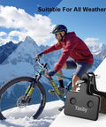 Image of a cyclist on a mountain with High Performance Disc Brake Pads For MTB Bikes With Installation Tools Four Pairs Semi Metallic And Organic Resin Replacement Compatible With TRP Tektro Shimano Deore Brakes in foreground.