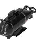 Black RC Submarine Remote Control Toy for Kids 2.4G Six Channel Model With Water Activated Safety System on display stand.