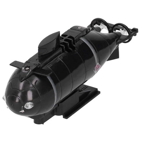 Black RC Submarine Remote Control Toy for Kids 2.4G Six Channel Model With Water Activated Safety System on display stand.