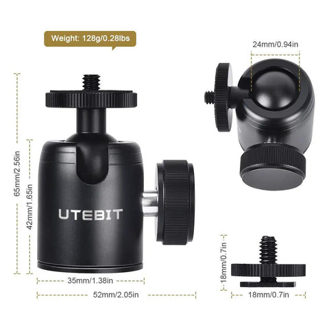 Two Pack Universal One Quarter Inch Swivel Mini Ball Head Tripod Mounts With Three Eighths Inch Converter And Removable Quarter Inch Hot Shoe black metal dimensions