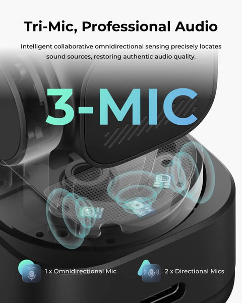 Tri-mic design of Ultra Compact 4K AI Webcam Featuring Buttery Smooth Auto Tracking And Triple Mic Array for optimal audio.