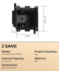PVC 2 Gang Old Work Box Deep 25 Cu In Electrical Box For Switches And Outlets Plastic Junction Box ETL Listed Fire Rated For 2 Hours Black 1 Pack For Home Wiring Projects, front view with dimensions.